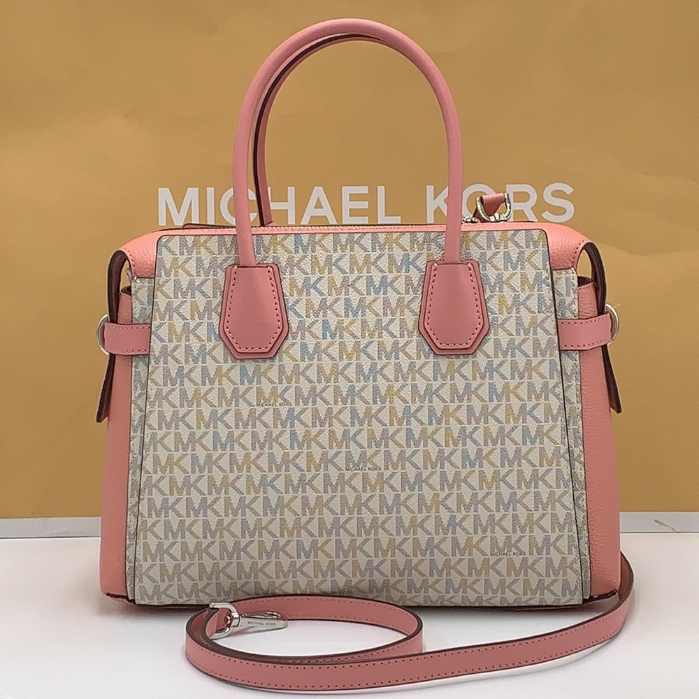 MICHAEL KORS MERCER MEDIUM TOP ZIP BELTED SATCHEL PRIMROSE VANILLA SIGNATURE - Picture 4 of 16